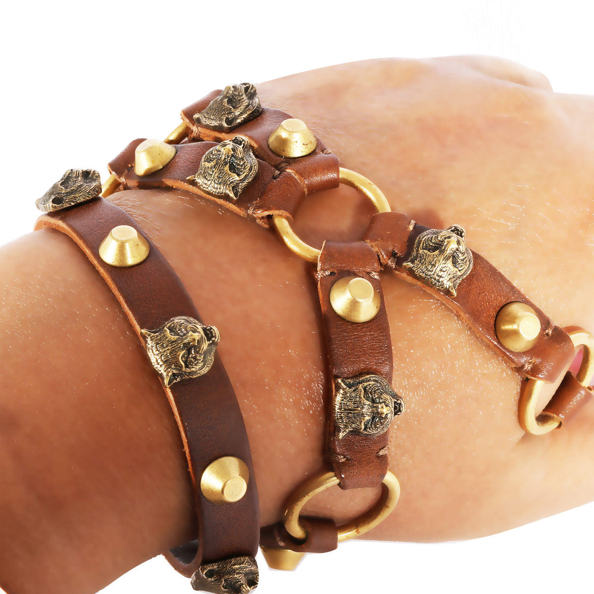 Gold Tone Tang Buckle Feline Head Palm Wrap Bracelet In Brown Leather