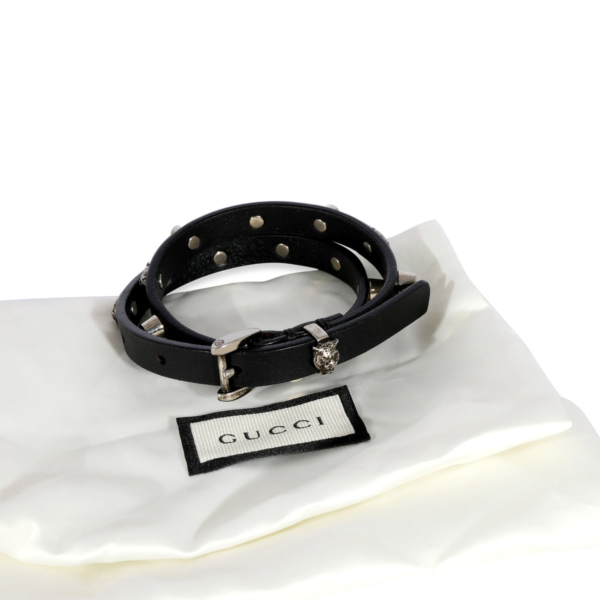 Black Leather Double Wrap Bracelet with Feline Heads & Studs