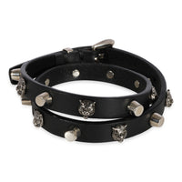 Black Leather Double Wrap Bracelet with Feline Heads & Studs