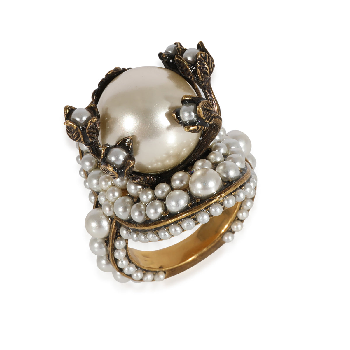 Floral Buds Brass Tone Faux Pearl Flower Cocktail Ring