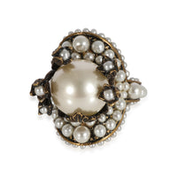 Floral Buds Brass Tone Faux Pearl Flower Cocktail Ring