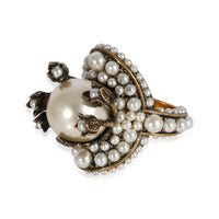 Floral Buds Brass Tone Faux Pearl Flower Cocktail Ring