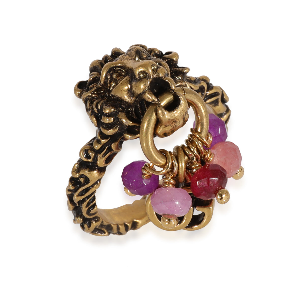 Brass Tone Lion Head & Beaded Charm Ring with Marmot GG