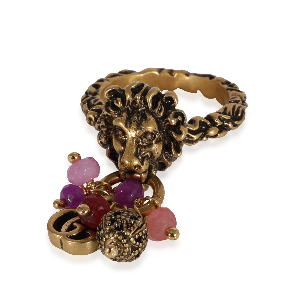 Brass Tone Lion Head & Beaded Charm Ring with Marmot GG