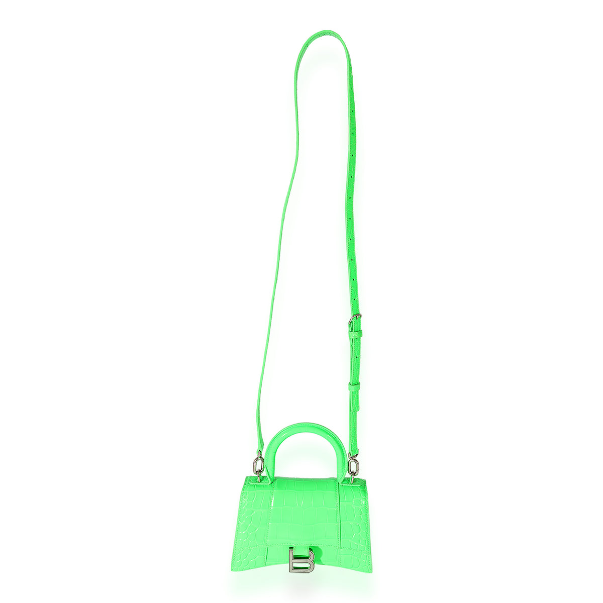 Balenciaga Fluo Green Shiny Calfskin Crocodile Embossed XS Hourglass Top Handle Handbag ad1