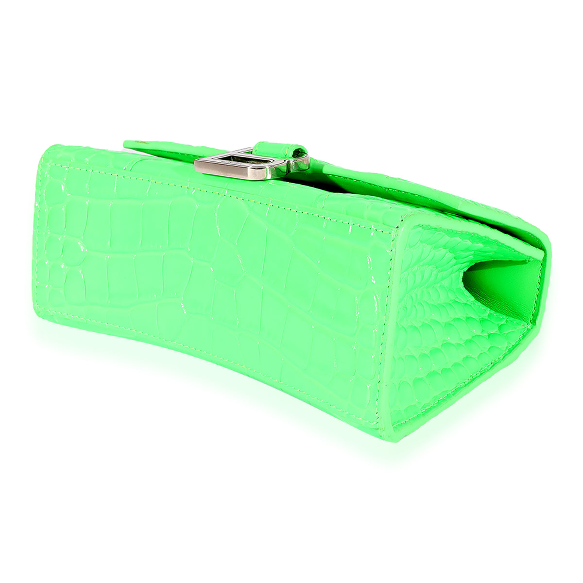 Balenciaga Fluo Green Shiny Calfskin Crocodile Embossed XS Hourglass Top Handle Handbag clasp