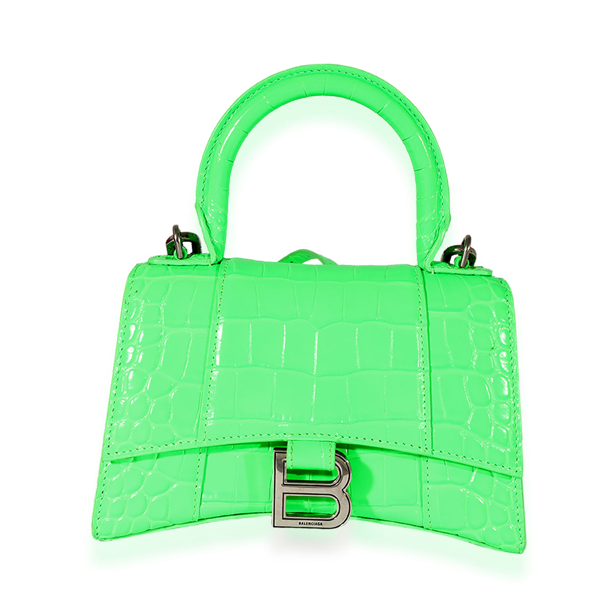 Balenciaga Fluo Green Shiny Calfskin Crocodile Embossed XS Hourglass Top Handle Handbag fv
