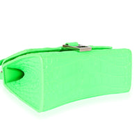 Balenciaga Fluo Green Shiny Calfskin Crocodile Embossed XS Hourglass Top Handle Handbag pv