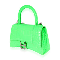 Balenciaga Fluo Green Shiny Calfskin Crocodile Embossed XS Hourglass Top Handle Handbag sv
