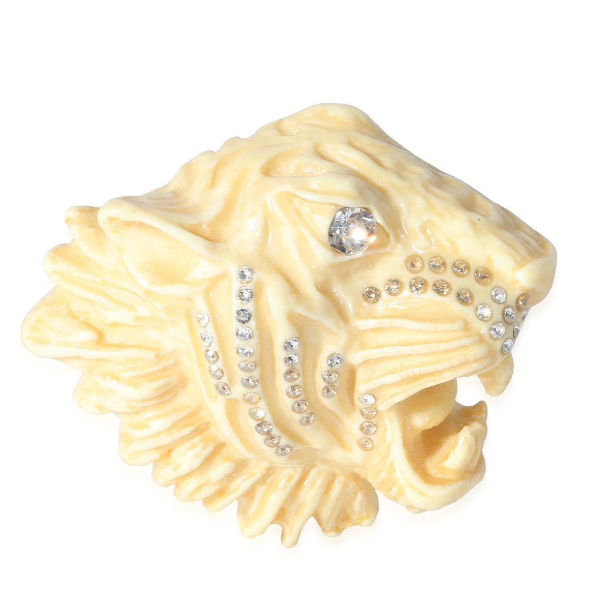 Alessandro Michele Cream Resin & Crystal Tigers Head Brooch, 2 3/4 Wide