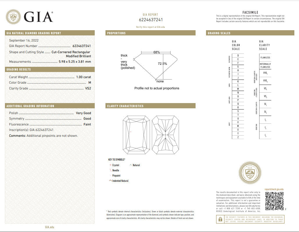 GIA Certified 1.00 Ct Radiant cut M VS2 Loose Diamond