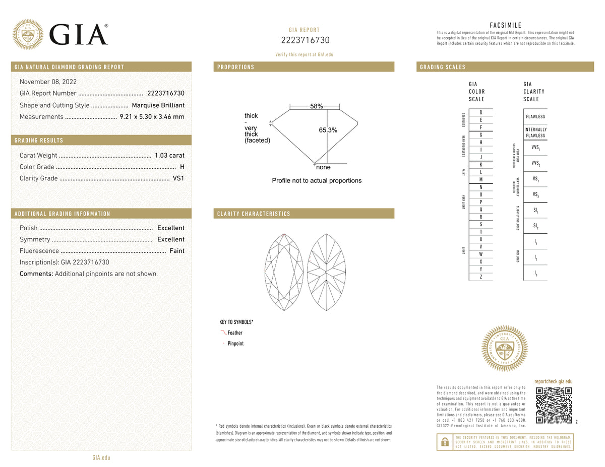 GIA Certified 1.03 Ct Marquise cut H VS1 Loose Diamond