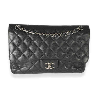 Black Caviar Leather Jumbo Double Flap Handbag