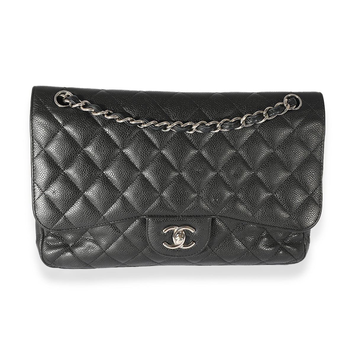 Black Caviar Leather Jumbo Double Flap Handbag