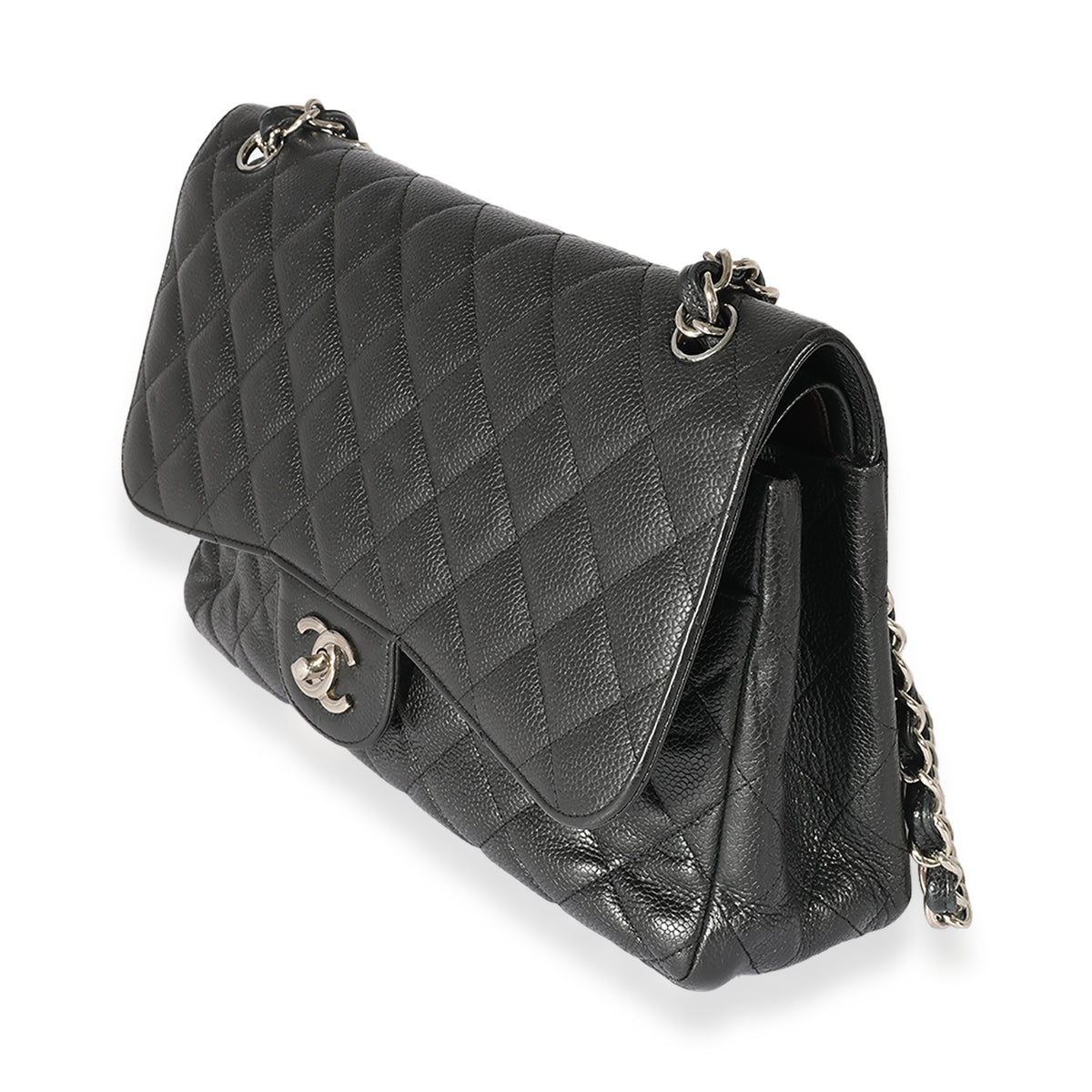 Black Caviar Leather Jumbo Double Flap Handbag