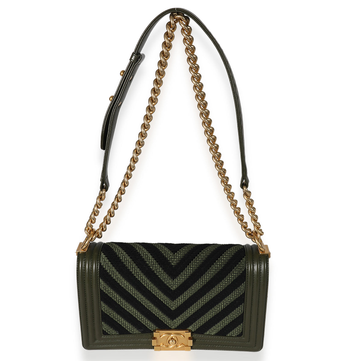 Khaki and Black Lambskin Braided Chevron Medium Boy Bag