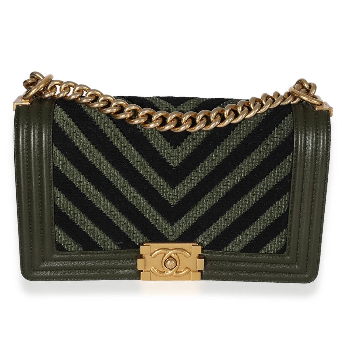 Khaki and Black Lambskin Braided Chevron Medium Boy Bag