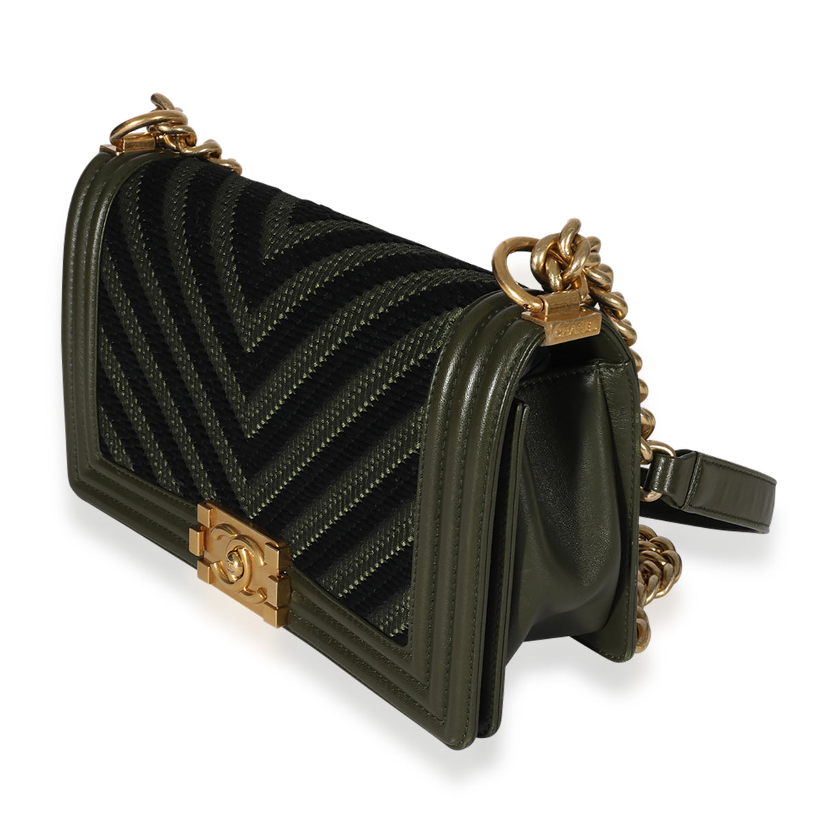 Khaki and Black Lambskin Braided Chevron Medium Boy Bag