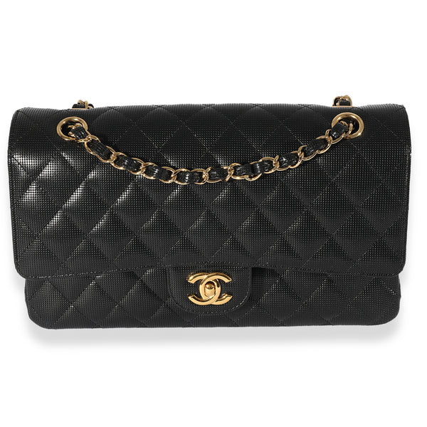 Black Quilted Perforated Lambskin Medium Classic Double Flap Bag