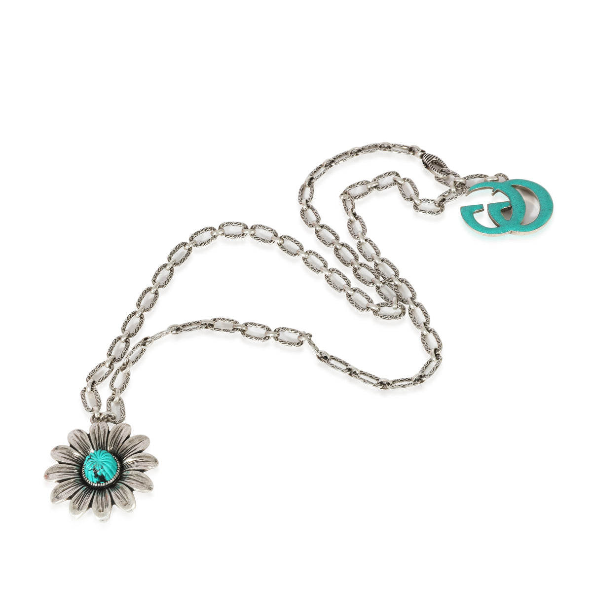 Marmont Double G Flower Necklace in Sterling Silver on Long Chain