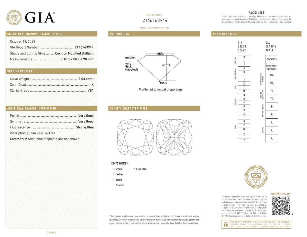 GIA Certified 2.03 Ct Cushion cut K VS1 Loose Diamond