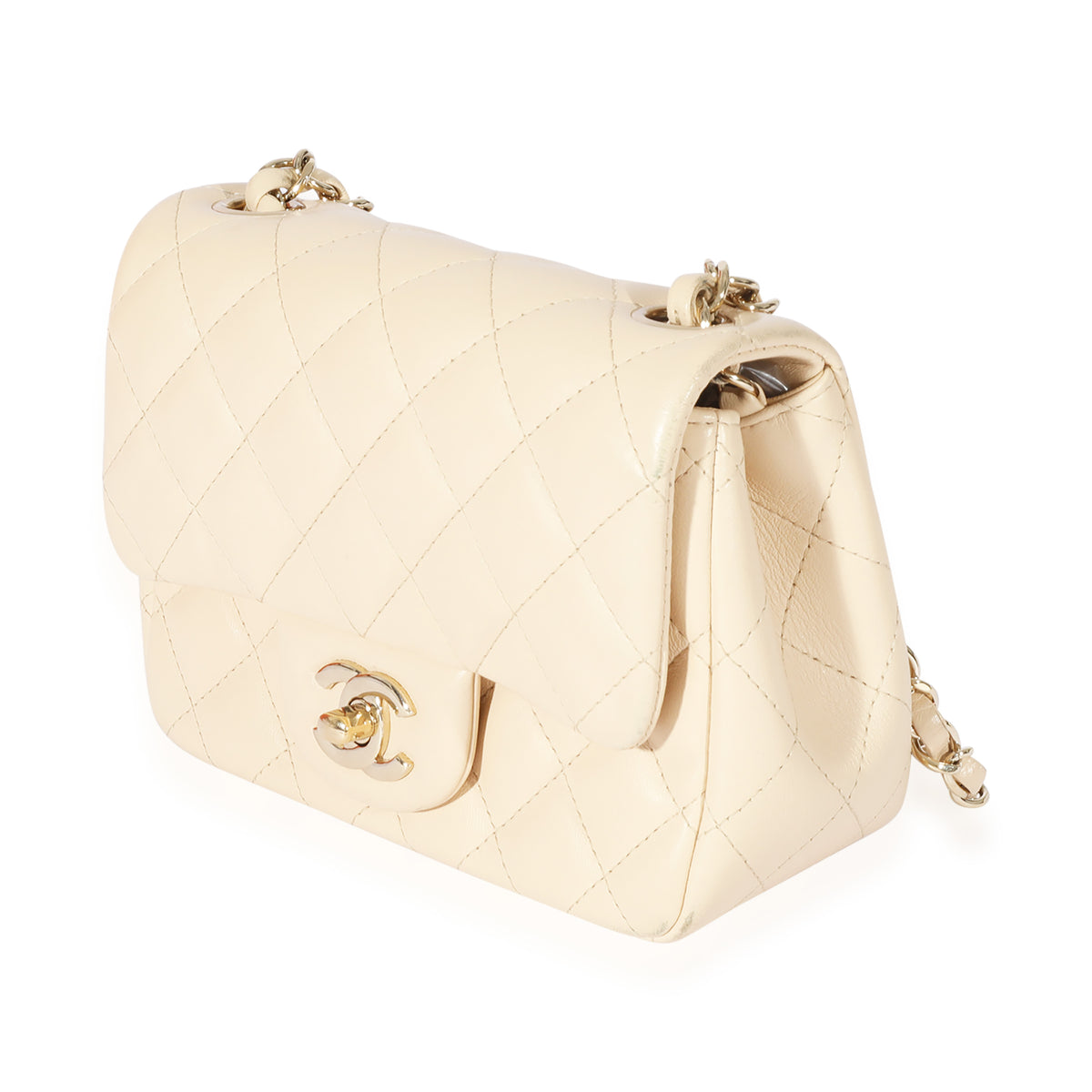 Beige Quilted Lambskin Mini Square Classic Flap Bag