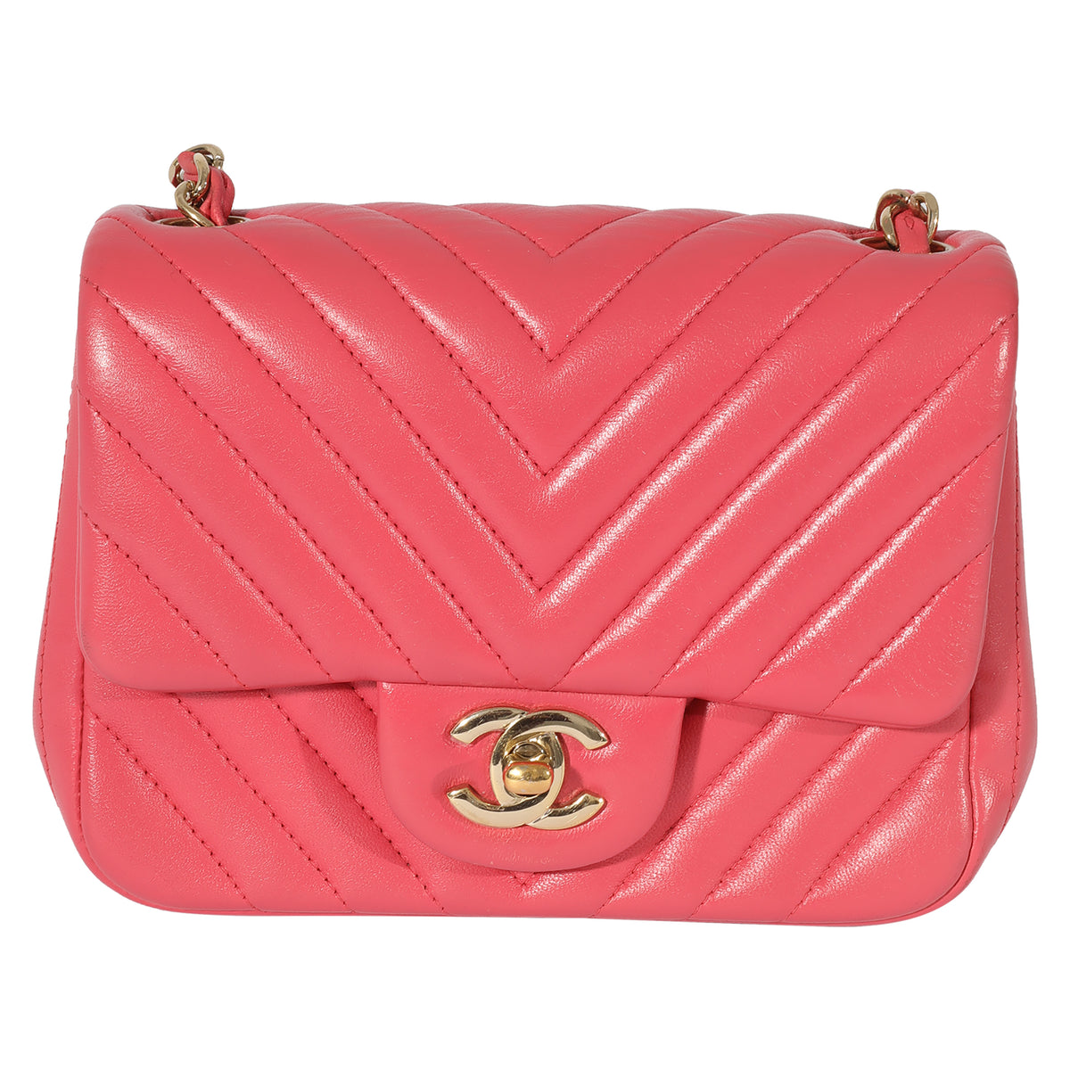 Chanel Chevron Pink Lambskin Mini Square Flap Bag Handbag fv