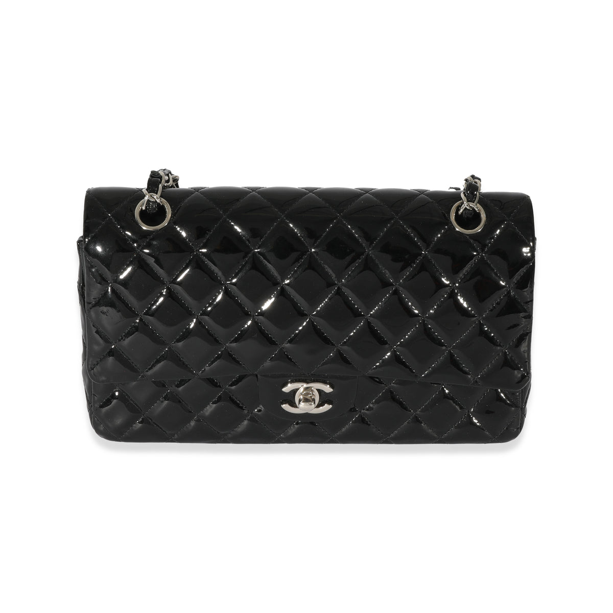 Black Quilted Patent Leather Medium Classic Double Flap Bag
