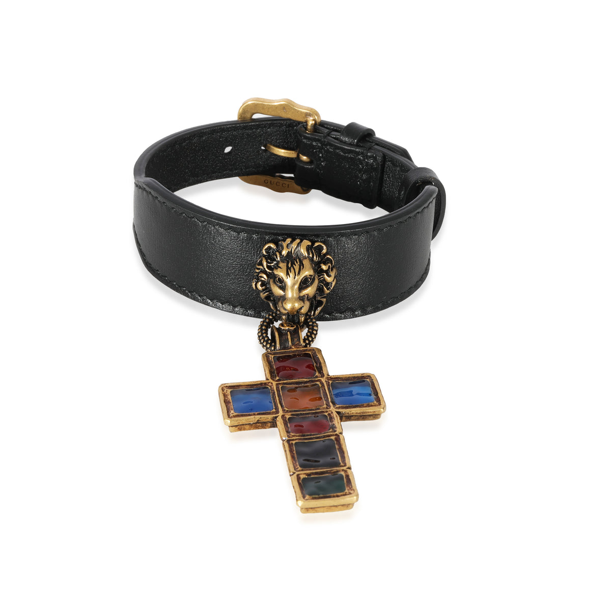 Gucci Leather Lion Head Jewel Toned Cross Gold Tone Bracelet myGemma Item 128382