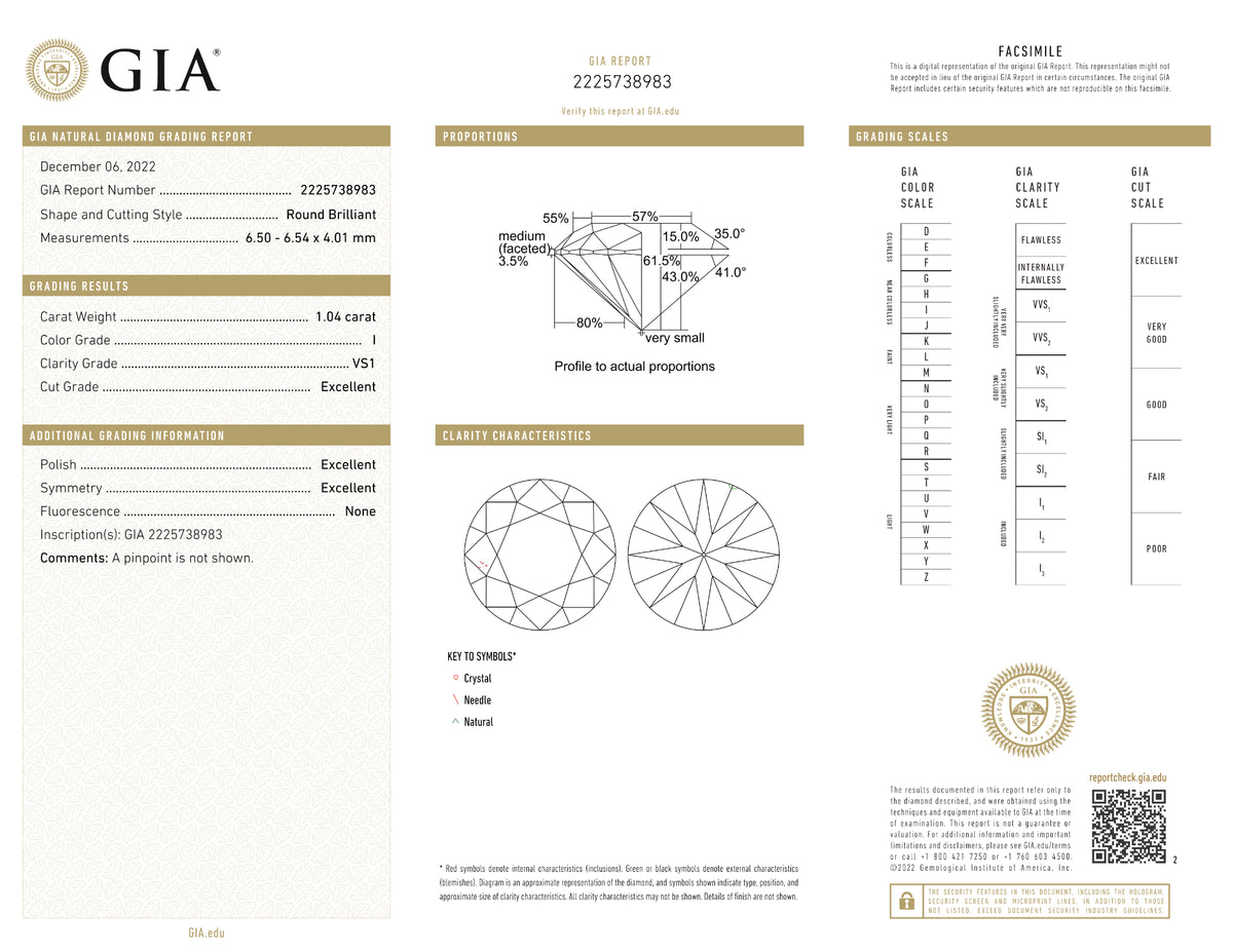 GIA Certified 1.04 Ct Round cut I VS1 Loose Diamond