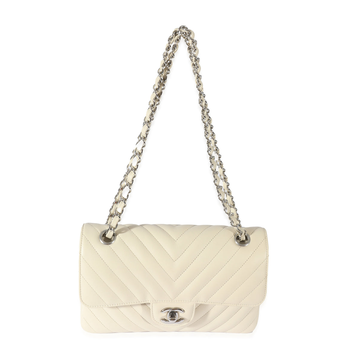 Chanel 22C Neutral Chevron Calfskin Small Classic Flap Handbag bv