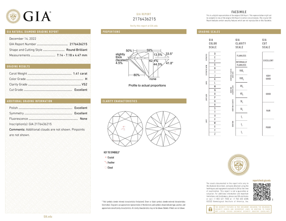 GIA Certified 1.41 Ct Round cut H VS2 Loose Diamond