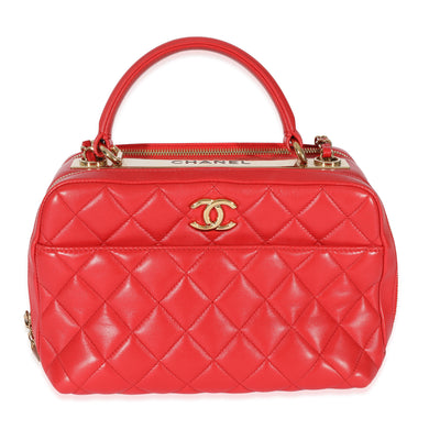 Chanel Red Quilted Lambskin CC Trendy Bowling Bag Handbag fv