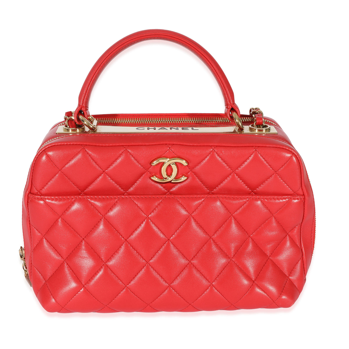 Chanel Red Quilted Lambskin CC Trendy Bowling Bag Handbag fv