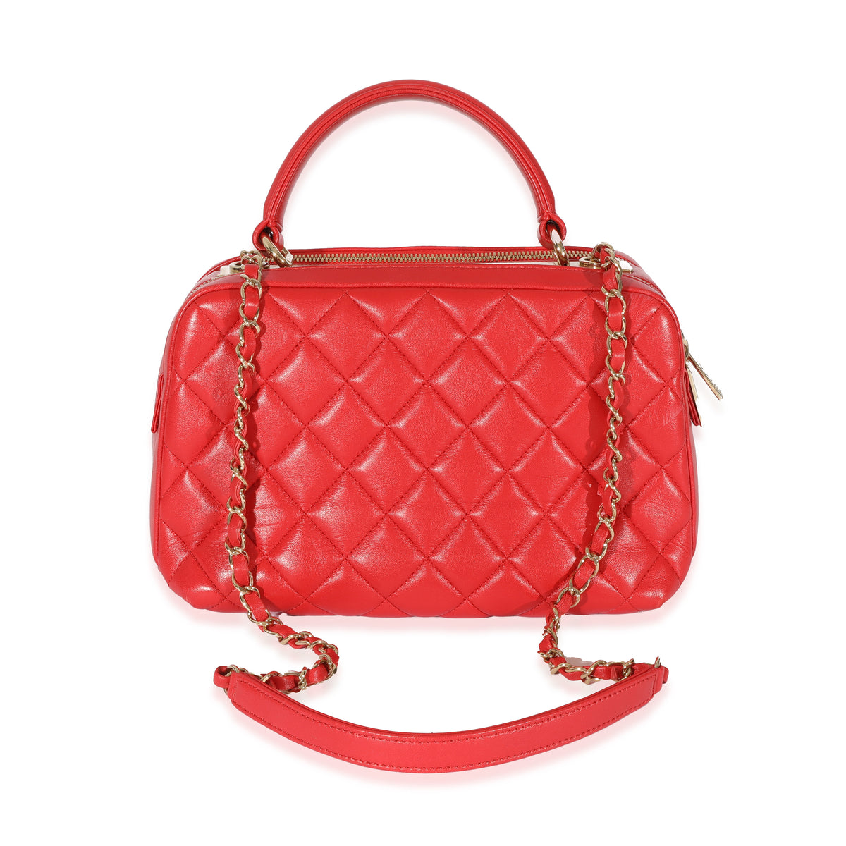 Chanel Red Quilted Lambskin CC Trendy Bowling Bag Handbag pv