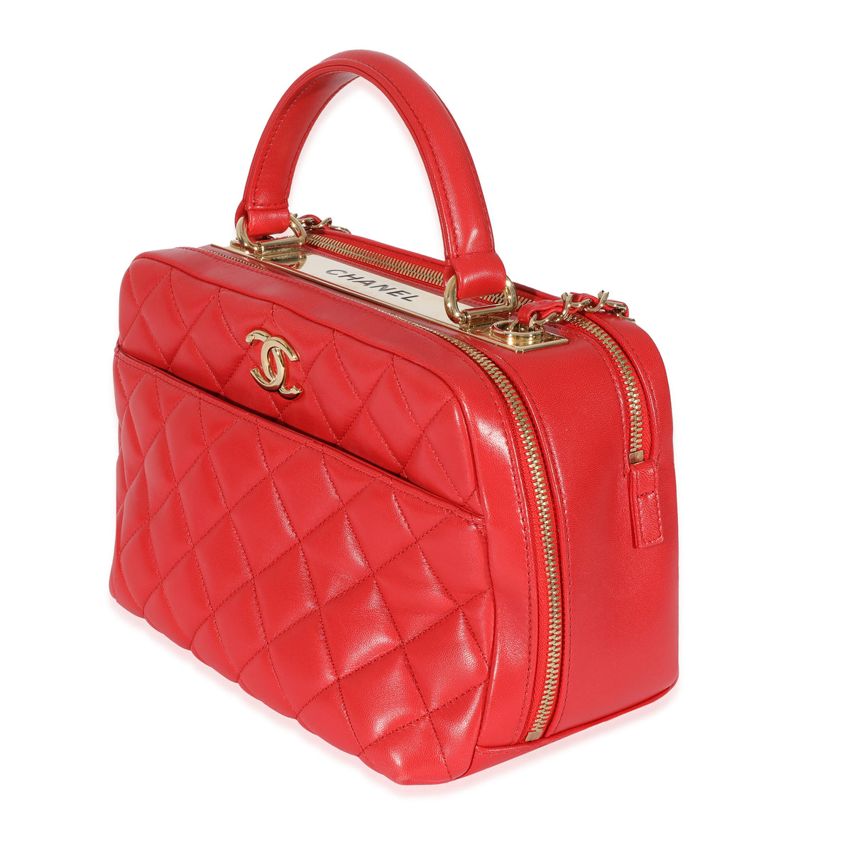 Chanel Red Quilted Lambskin CC Trendy Bowling Bag Handbag sv