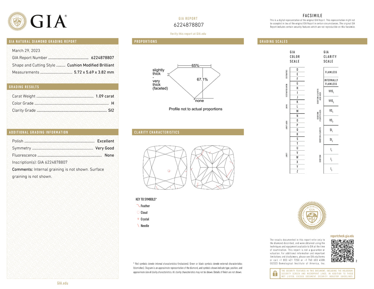 GIA Certified 1.09 Ct Cushion cut H SI2 Loose Diamond