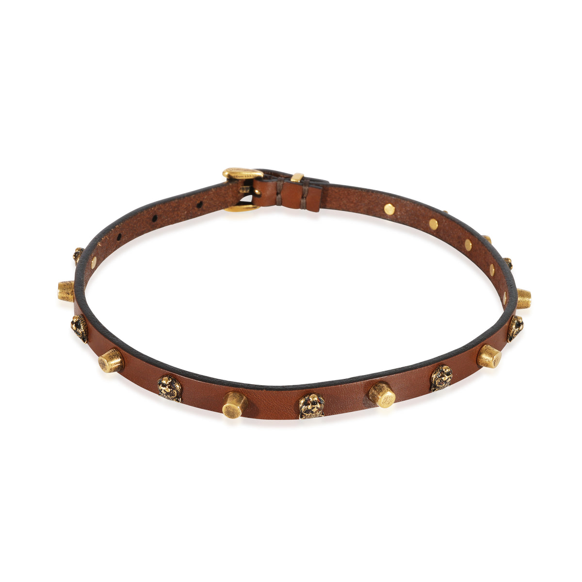 Brown Leather Feline Head Studded Gold Tone Choker