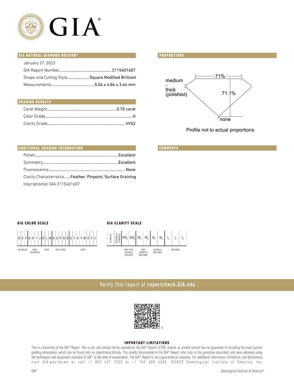 GIA Certified 0.70 Ct Princess cut H VVS2 Loose Diamond