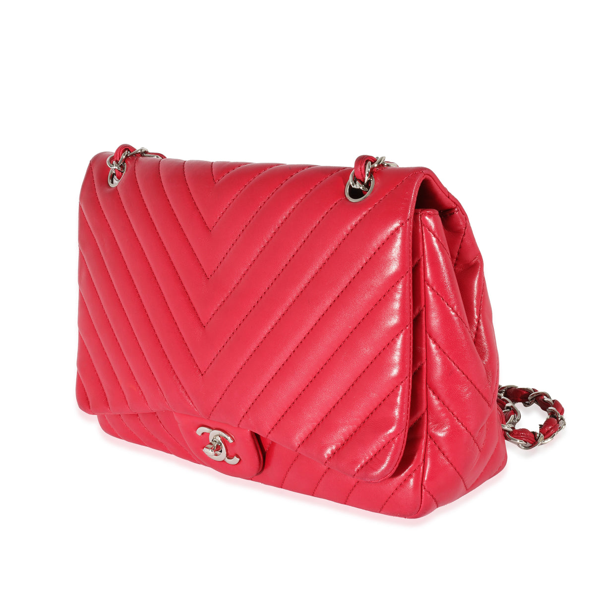 Chanel Pink Lambskin Chevron Jumbo Single Flap Bag Handbag sv