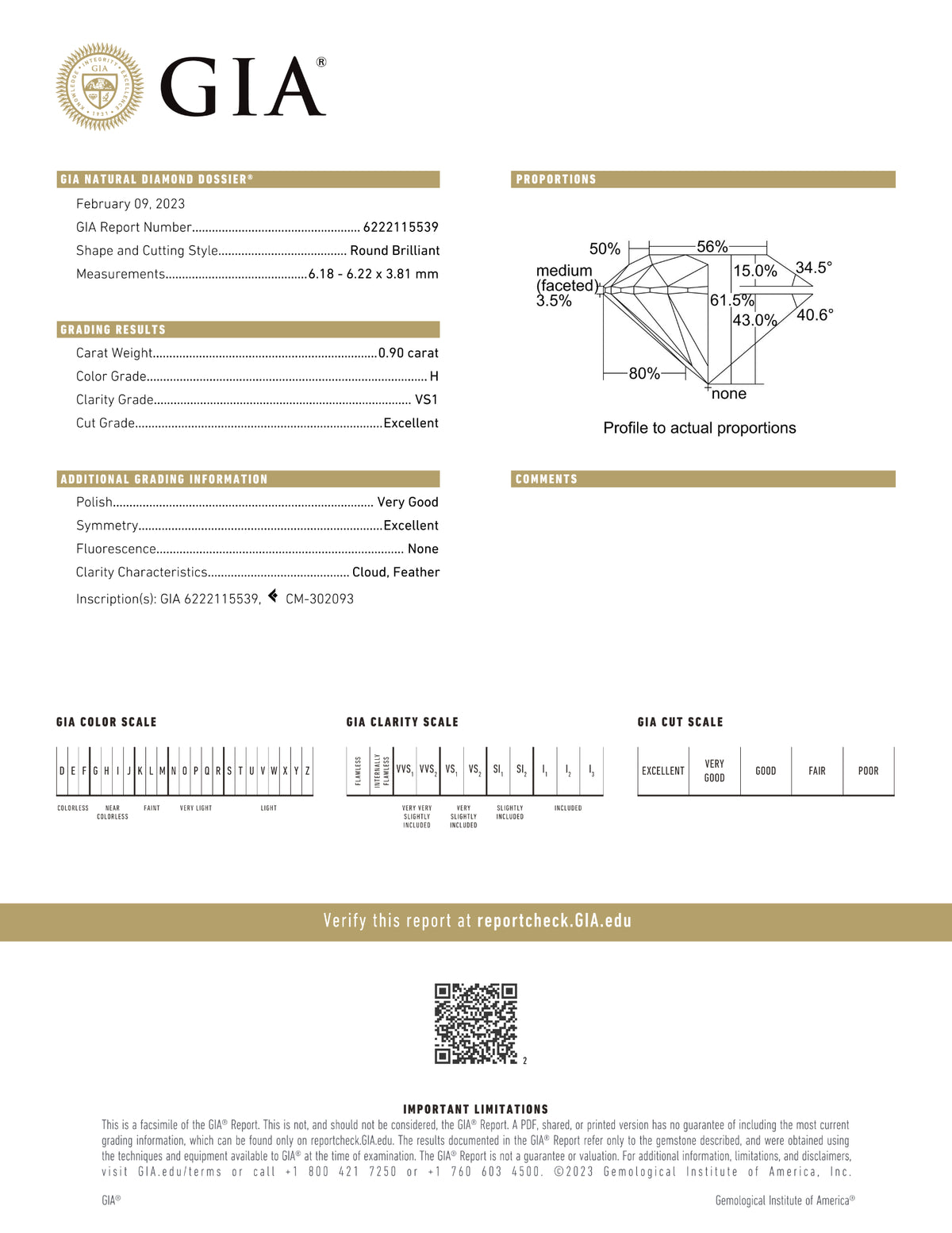 GIA Certified 0.90 Ct Round cut H VS1 Loose Diamond