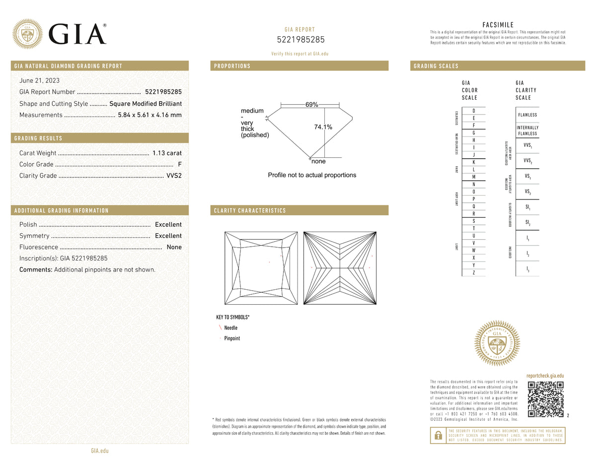 GIA Certified 1.13 Ct Princess cut F VVS2 Loose Diamond