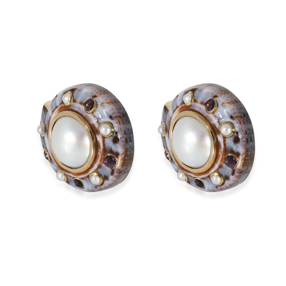 (Seaman Shepps) Mabe Pearl, Amethyst & Shell Earring in 18k Yellow Gold
