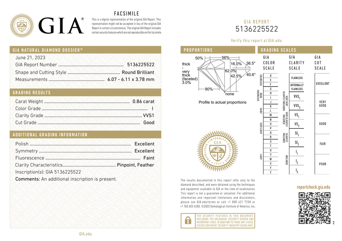 GIA Certified 0.86 Ct Round cut I VVS1 Loose Diamond