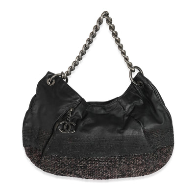 Black Tweed Leather Coco Pleats Hobo