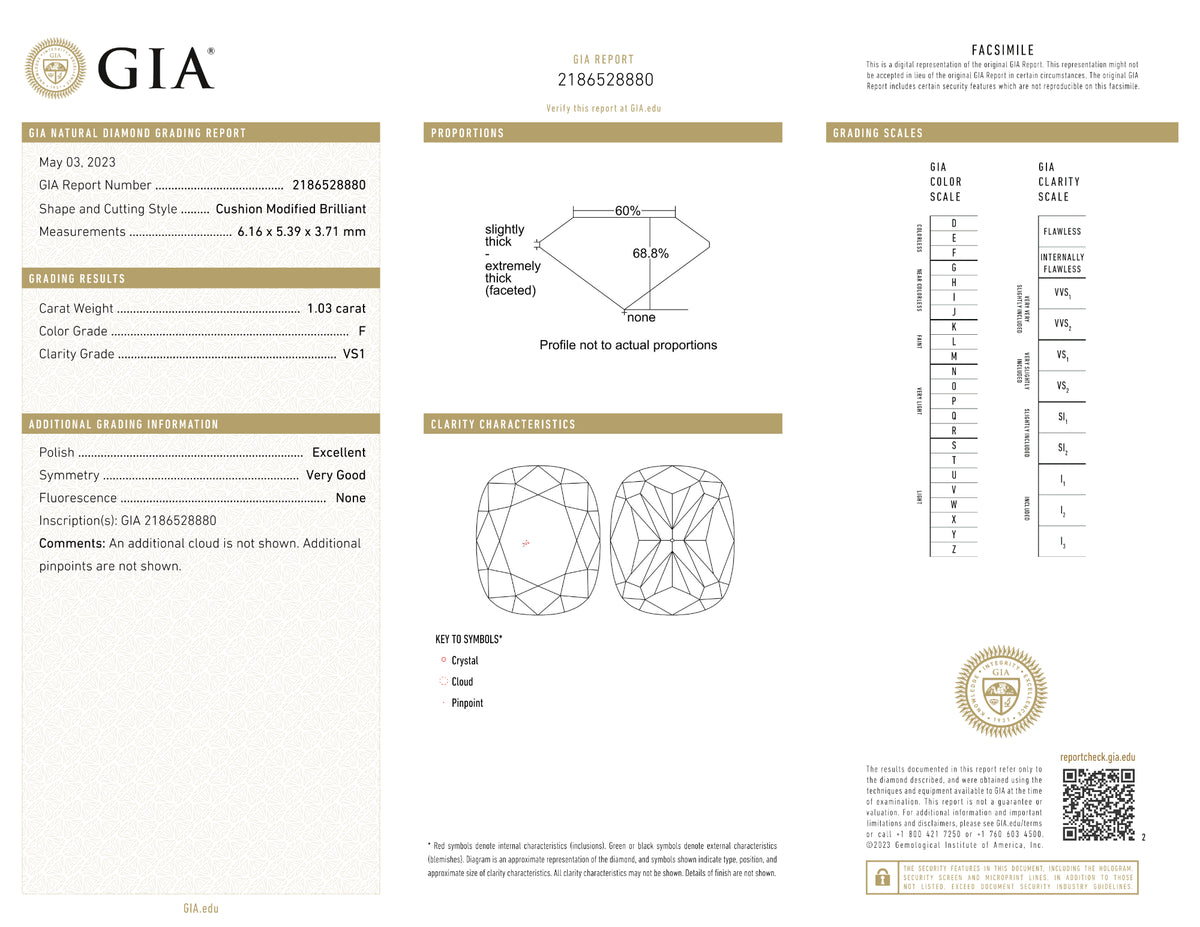 GIA Certified 1.03 Ct Cushion cut F VS1 Loose Diamond