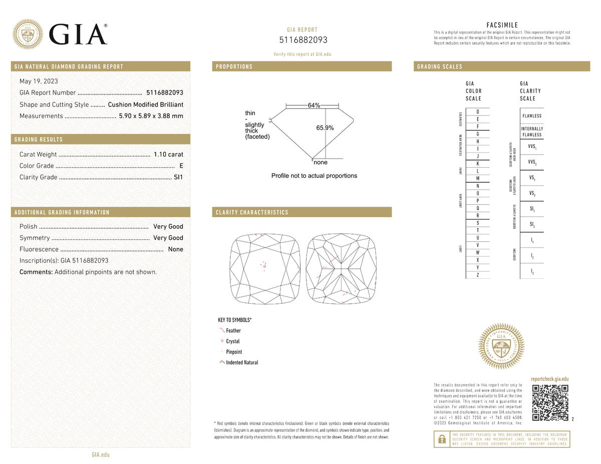 GIA Certified 1.10 Ct Cushion cut E SI1 Loose Diamond