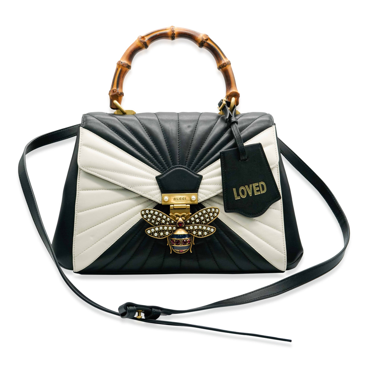 Black White Calfskin Queen Margaret Bamboo Top Handle Bag