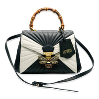 Black White Calfskin Queen Margaret Bamboo Top Handle Bag