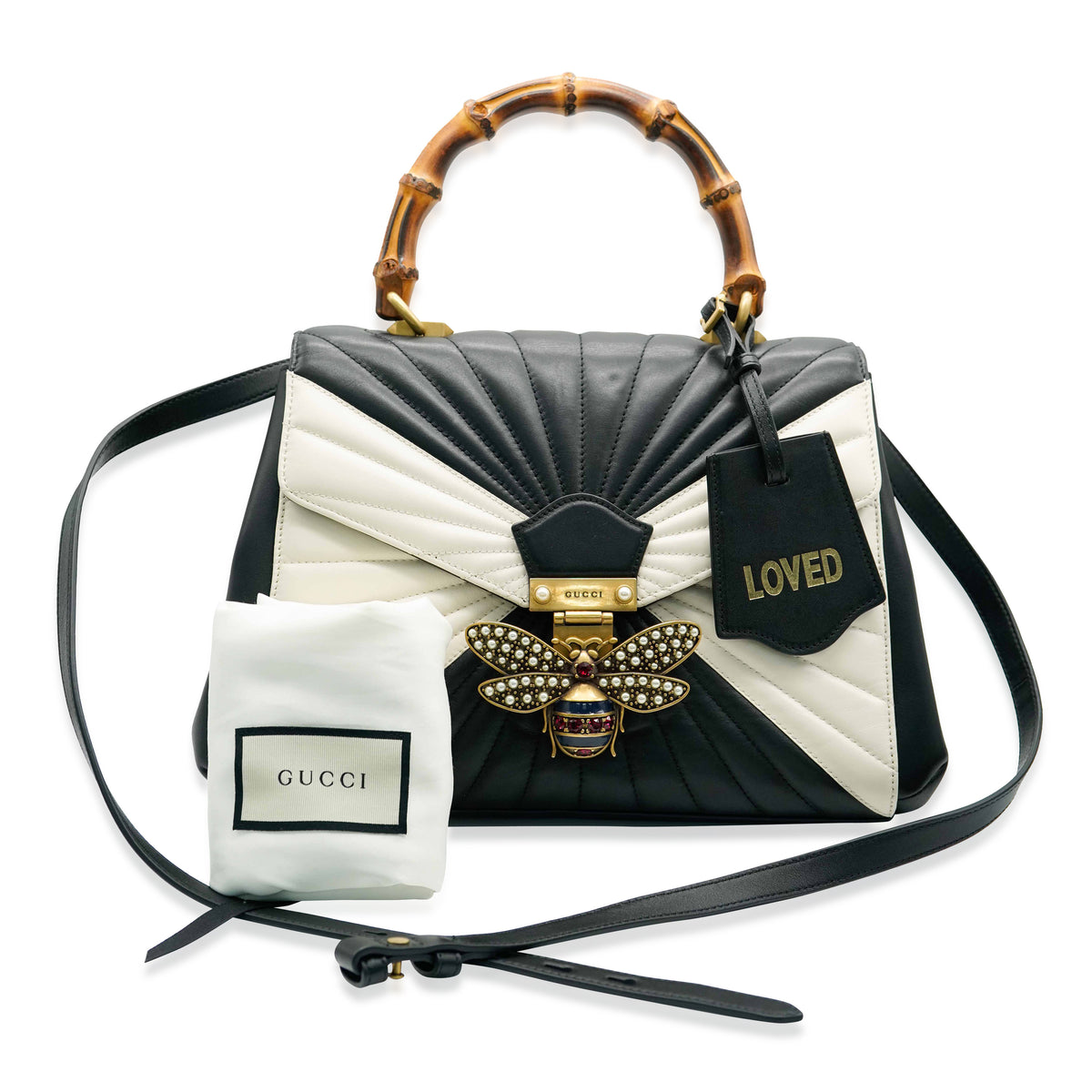 Black White Calfskin Queen Margaret Bamboo Top Handle Bag